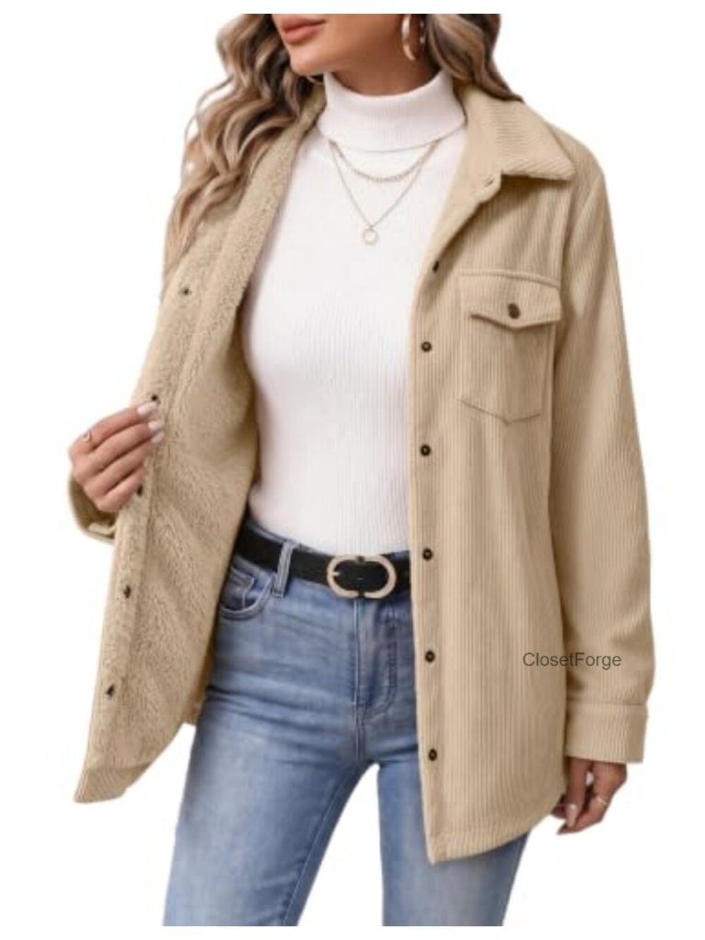 Corduroy Fleece Lined Shacket Snap Up Casual Fall Coat